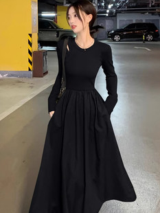 Advanced black dress with sleeves, brace, summer long skirt, french style, high-quality style, long sleeve, suitable for teen