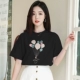 Áo thun nữ ngắn tay thêu cotton tinh khiết 2021 mới lưới màu đỏ thủy triều siêu lửa trắng của phụ nữ Hàn Quốc lỏng lẻo trên - Áo phông