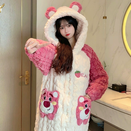 Стеганая пижама, зимняя мультяшная утепленная клубника, длинный коралловый бархатный банный халат, коллекция 2022