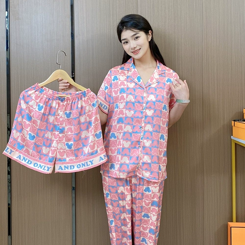 Демисезонная летняя шелковая пижама, милый комплект для отдыха, 2022, короткий рукав, 3 предмета