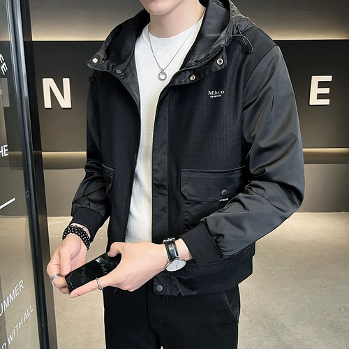 Мужская осенняя демисезонная куртка с капюшоном, осенний трендовый черный комплект, оверсайз