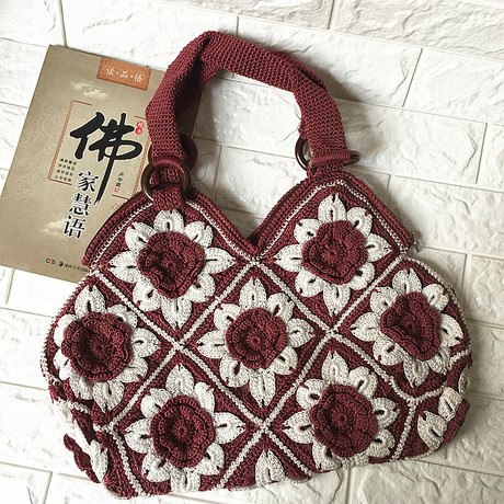 粗合股线钩针手工编织17片牡丹花女士肩背包