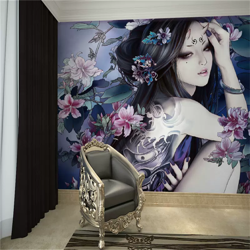 纹身店背景墙壁纸艺妓美女纹身墙纸日式刺青美容院装饰壁画墙布