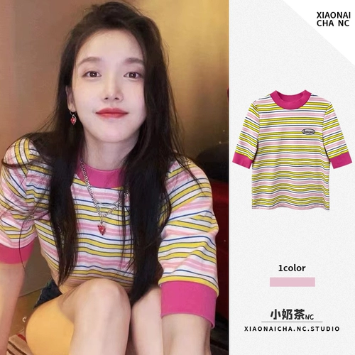 Милая розовая трикотажная футболка с коротким рукавом, коллекция 2023