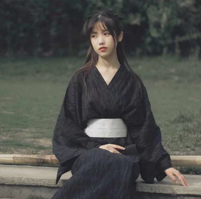 出租 桔子点点冬仙鹤日式和服女正统改良黑色日本传统少女浴衣