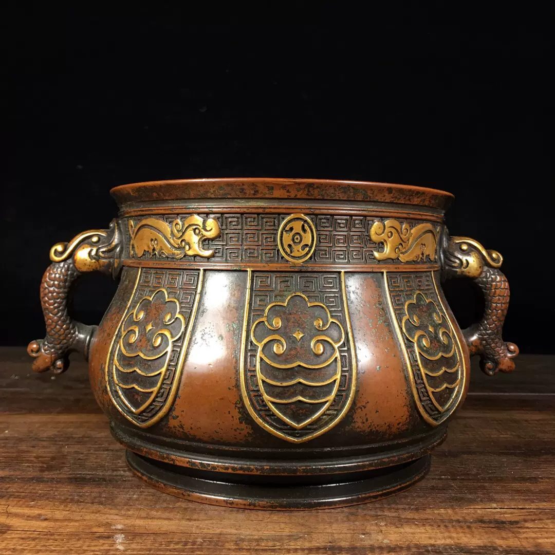 純銅八角皿古銅器手作り漆絵装飾ギフト置物-