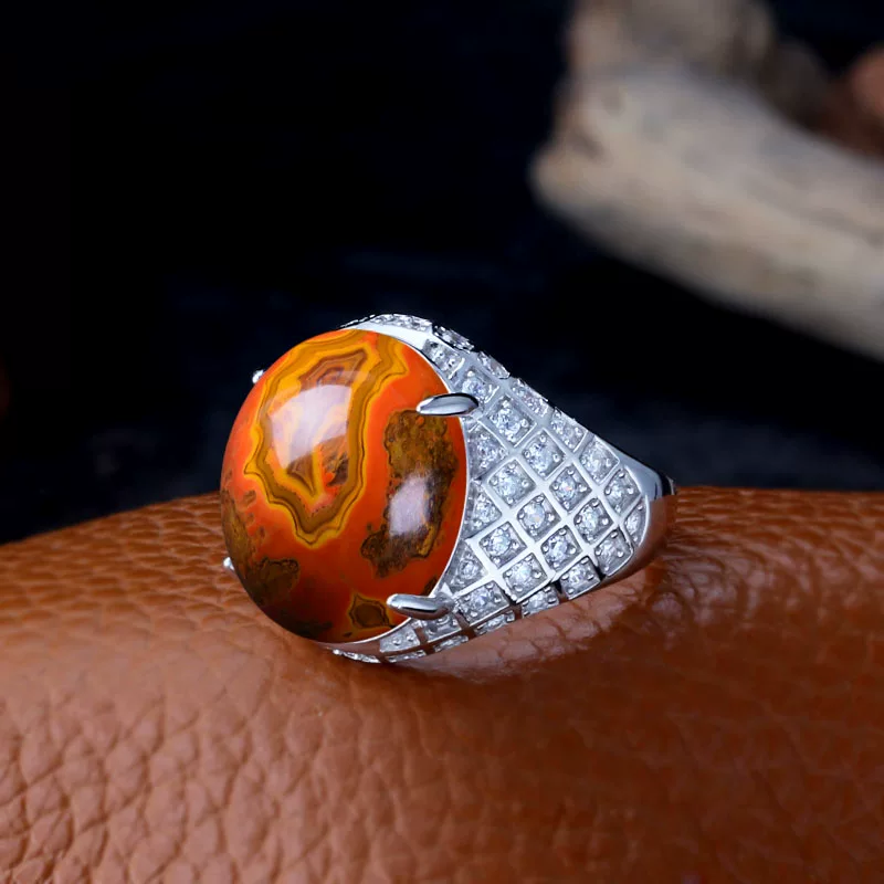 Stone inlay wax agate, emerald gemstone for ring jade, silver 925 sample, with gem