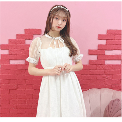 taobao agent Summer lace dress, mini-skirt, fitted long skirt, tulle, with short sleeve, with embroidery, high waist