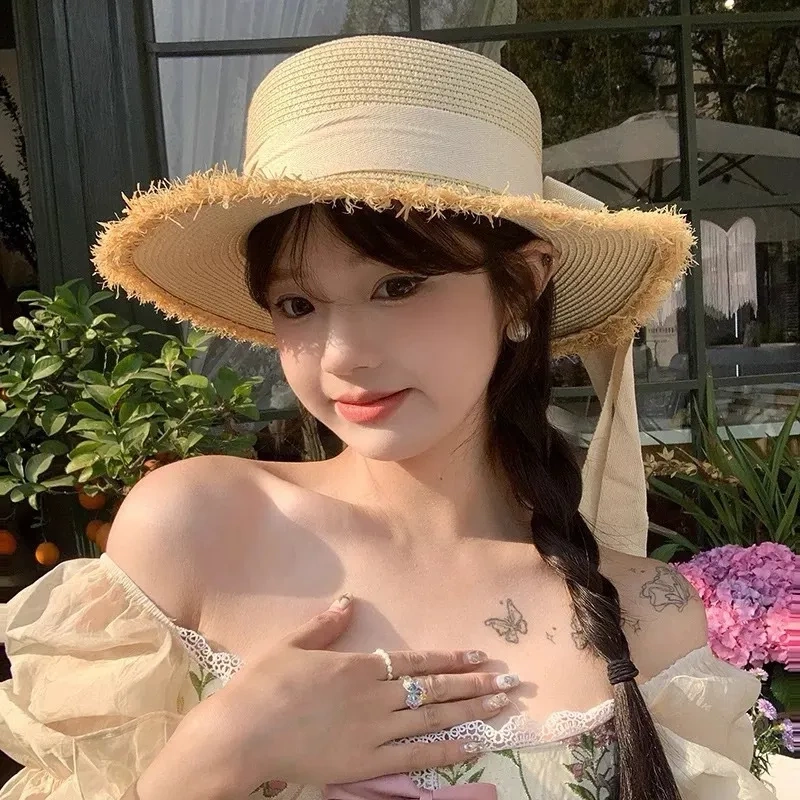 夏季蝴蝶结拉菲草大帽檐草帽女新款夏季户外海边沙滩遮阳太阳帽子