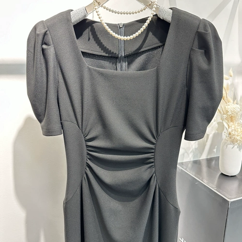 Платье, летний черный приталенный корсет, дизайнерская длинная юбка, короткий рукав, средней длины