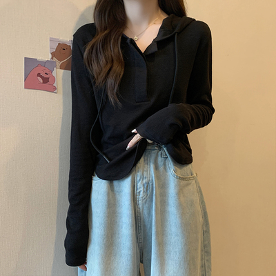 taobao agent T-shirt with hood, demi-season long-sleeve, sweatshirt, jacket, bra top, plus size, fitted