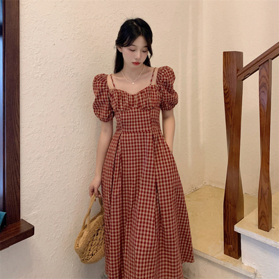 taobao agent Retro summer dress, brace, plus size, puff sleeves
