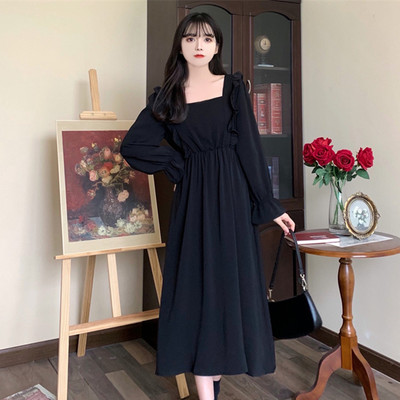 taobao agent Autumn retro fitted dress, long skirt, plus size, square neckline, french style