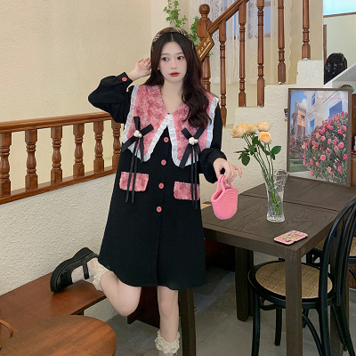 taobao agent Fuchsia navy autumn dress, plus size, fitted