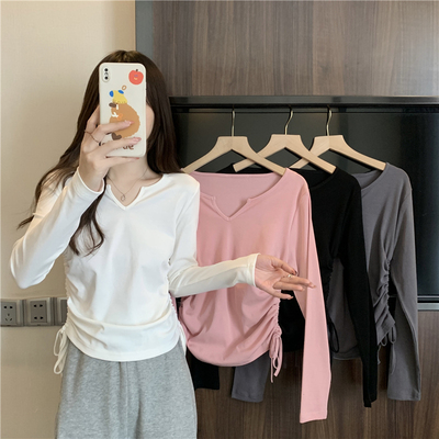 taobao agent Sexy short T-shirt, jacket, plus size, drawstring, V-neckline, fitted