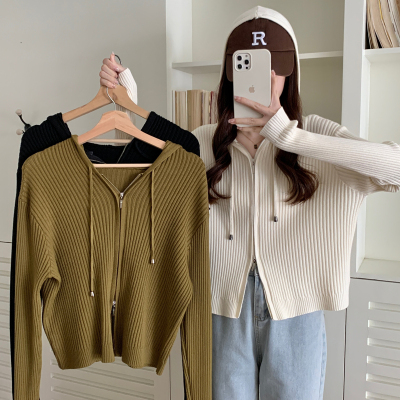 taobao agent Apricot cardigan with hood, autumn jacket, for plus size ladies, fitted