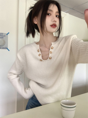 taobao agent Demi-season top, sexy chain, knitted sweater, plus size, V-neckline, long sleeve