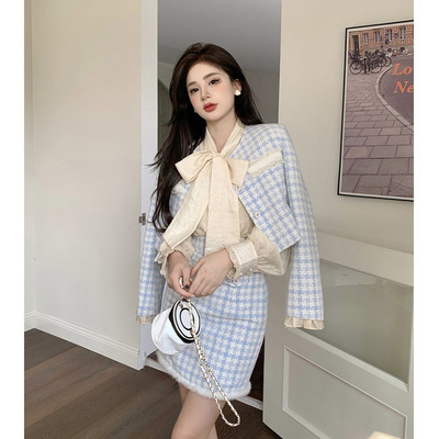 taobao agent Set, jacket, short pleated skirt, plus size, autumn, Chanel style, three piece suit
