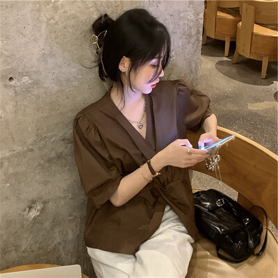 taobao agent Thin sexy jacket, plus size, french style, V-neckline, puff sleeves, with short sleeve