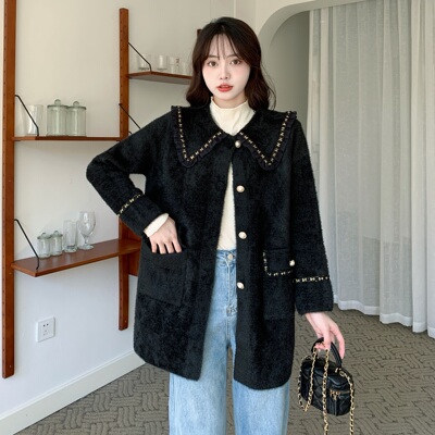 taobao agent Demi-season long doll, velvet jacket, knitted top, plus size, doll collar, mid-length