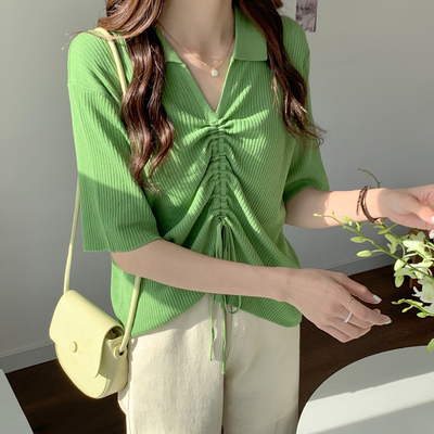 taobao agent Thin knitted sexy sweater, top, plus size, fitted, drawstring, french style