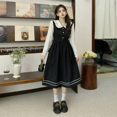 taobao agent Autumn navy dress with sleeves, black long skirt, for plus size ladies, long sleeve, fitted
