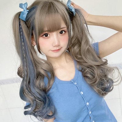 taobao agent Wig female long curly hair dye big waves daily lolita face face cute bangs smoke gray blue long hair full set