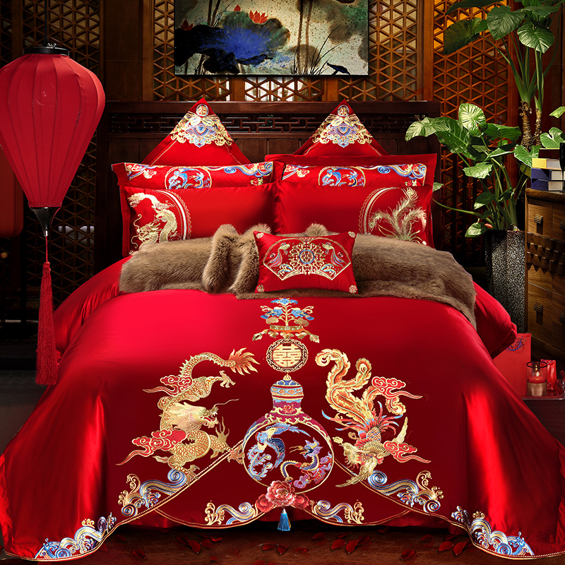 hengyuanxiang all cotton wedding four piece set red bed sheet xi quilt cover wedding room bedding pure cotton wedding bed goods