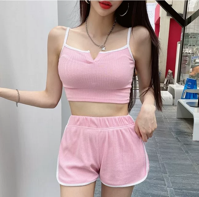 Summer fuchsia top with cups, shorts, base trousers, set, slim fit, loose fit