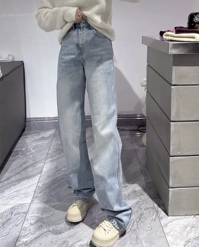 Весенние штаны, приталенные джинсы, в корейском стиле, свободный прямой крой, высокая талия