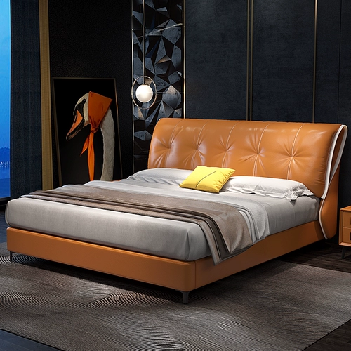 Итальянская северная европейская минималистская кожаная кровать INS Light Luxury 1.8 маленькая квартира сеть красная спальня свадебная спальня.