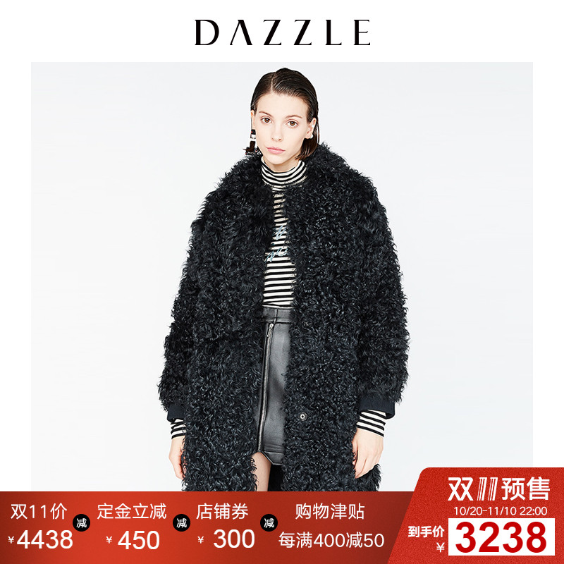 DAZZLE地素 冬装新款 时髦纯色暗扣羊毛皮中长款皮草大衣 2M4M406