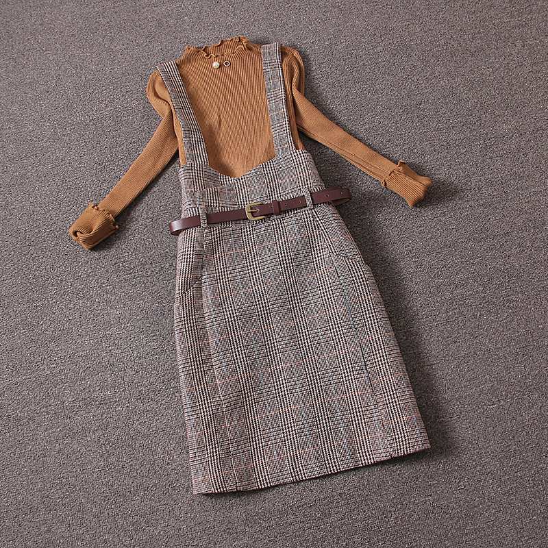 两件套装2017秋冬新款时尚显瘦长袖针织衫+格子背带连衣裙