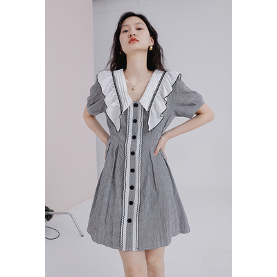 taobao agent Summer dress, sexy brace, mini-skirt, puff sleeves, A-line