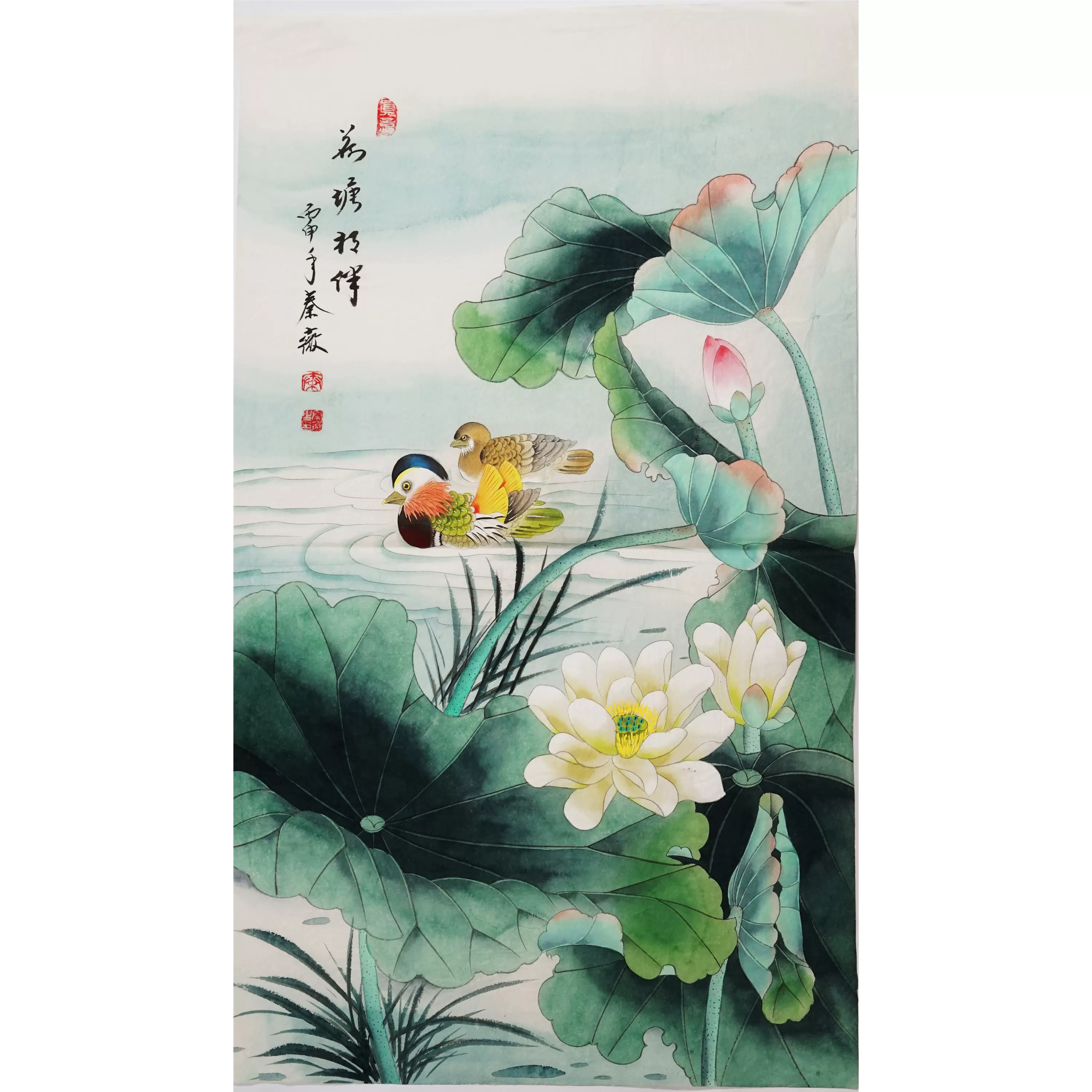 ▽鴻▽【中国字画】明代唐寅四尺中堂画荷花鴛鴦画稀少物品置物古賞物