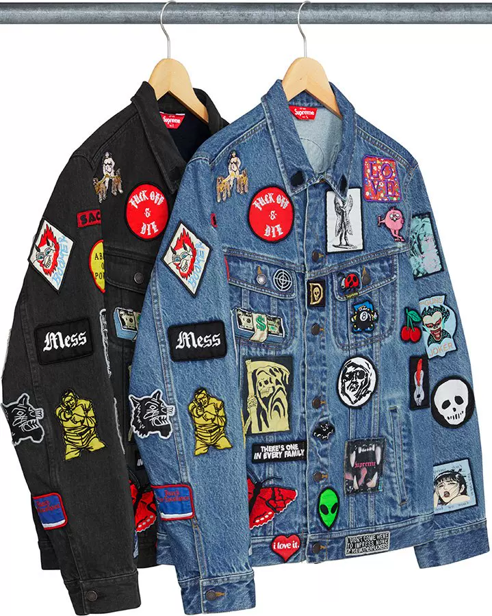 现货SUPREME 18SS PATCHES DENIM JACKET 满印贴布徽章牛仔夹克-Taobao