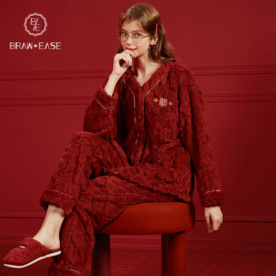 taobao agent Winter pijama, flannel velvet warm coral red set