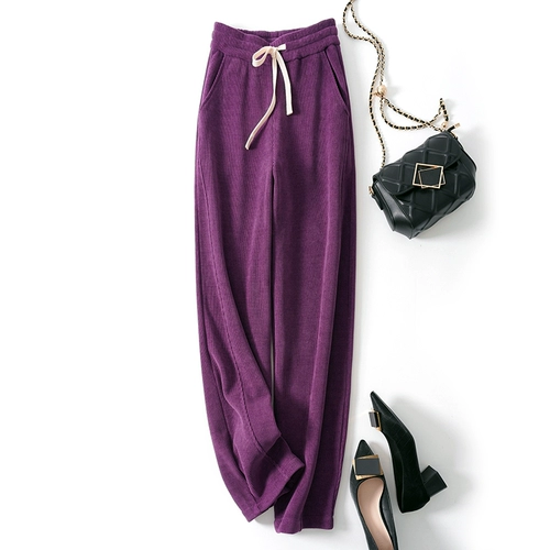 Утепленные сиреневые приталенные штаны, свободный крой, высокая талия