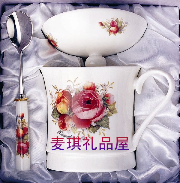 韩国进TOPMATE厨美餐具结婚礼物礼品骨瓷玫瑰盖水杯带勺 Изображение 1