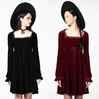 taobao agent Retro black red velvet lace dress with sleeves, long sleeve