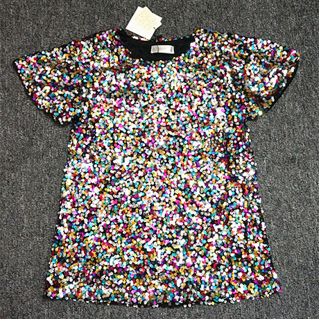 夏装新款韩版夜店五彩亮片宽松飞袖短袖t恤女上衣bling闪片表演服