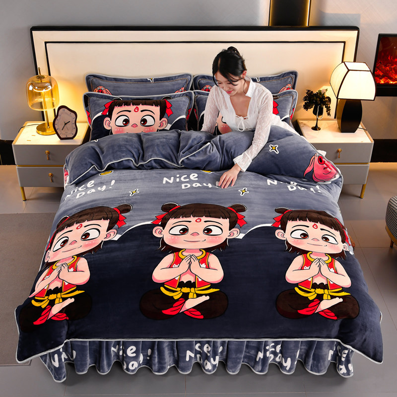 冬季牛奶绒四件套加厚保暖双面绒珊瑚绒被套毛绒简约款法兰绒床单