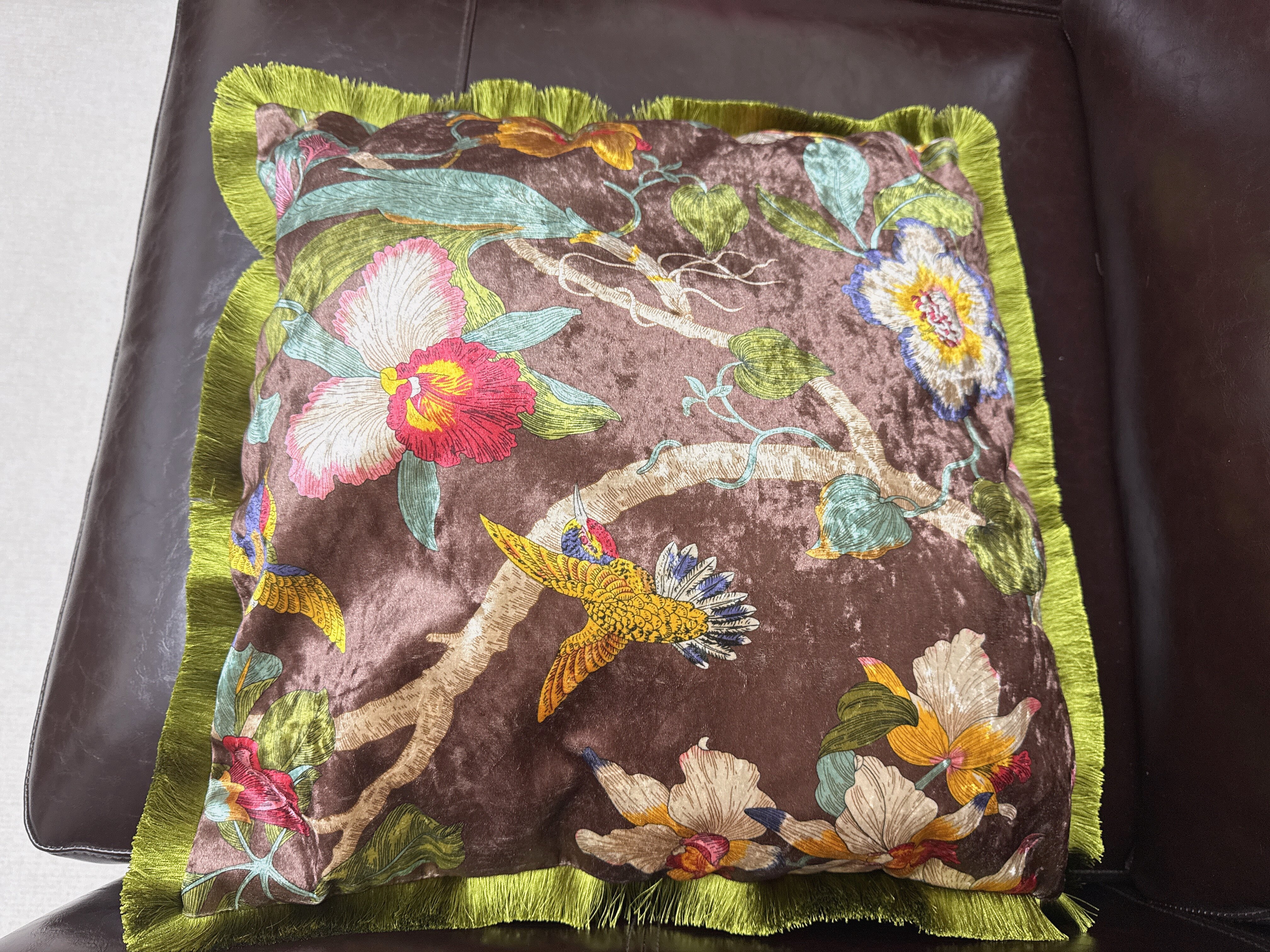 Burgundy velvet throw pillow cover with embroidered hummingbirds and botanical flowers in cream and gold