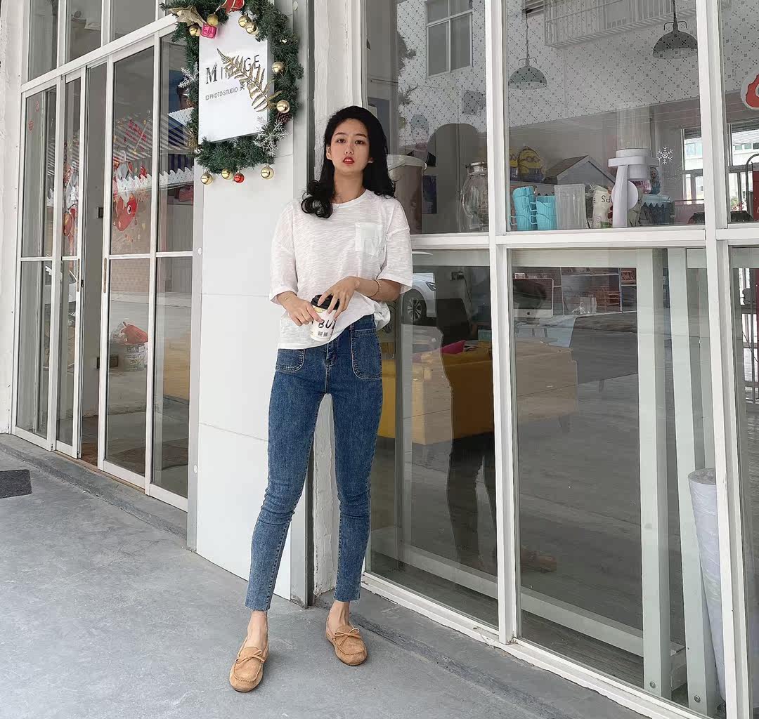 justter 豆豆鞋女2020新款女鞋春秋孕妇百搭皮软底一脚蹬懒人单鞋