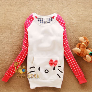 Hello kitty, spring sweatshirt, trend of season, city style, Korean style, increased thickness, round collar