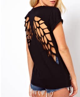Carved black angel wings with laser, short sleeve T-shirt, European style