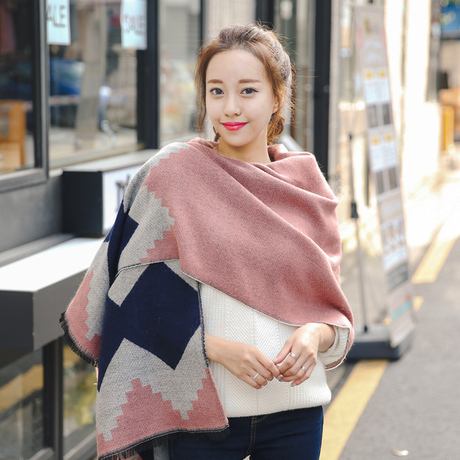 韩版秋冬季双面加厚流苏围巾女披肩两用毛线针织围脖保暖披风外套