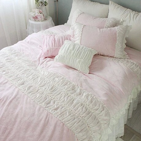 韩国进口代购淡粉乳白色立体褶皱荷叶边柔软温暖短绒四件套床品