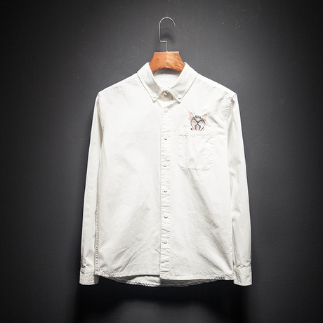 韩版修身小清新小猫刺绣日系男士潮流白色长袖衬衫 潮衬衣男新品