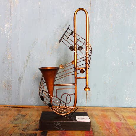 美式乡村复古做旧 金属铁制长号乐器 创意落地音乐装饰摆件